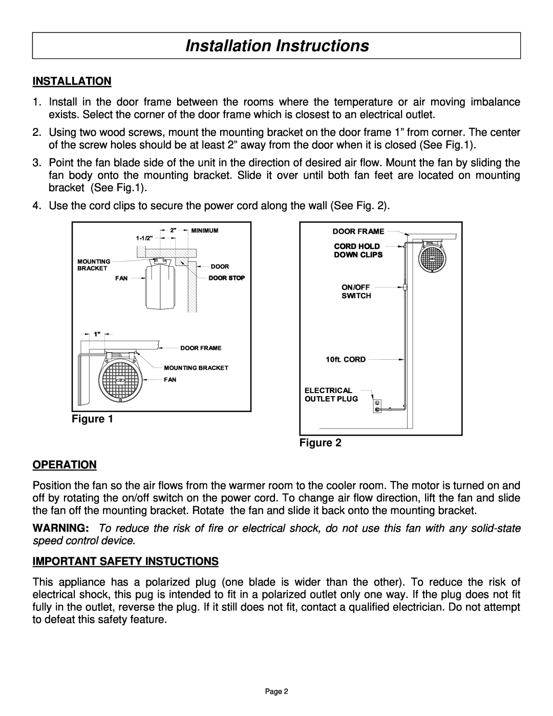 Field Controls RF-1 instruction manual Installation Instructions, Figure Figure OPERATION, Important Safety Instuctions 