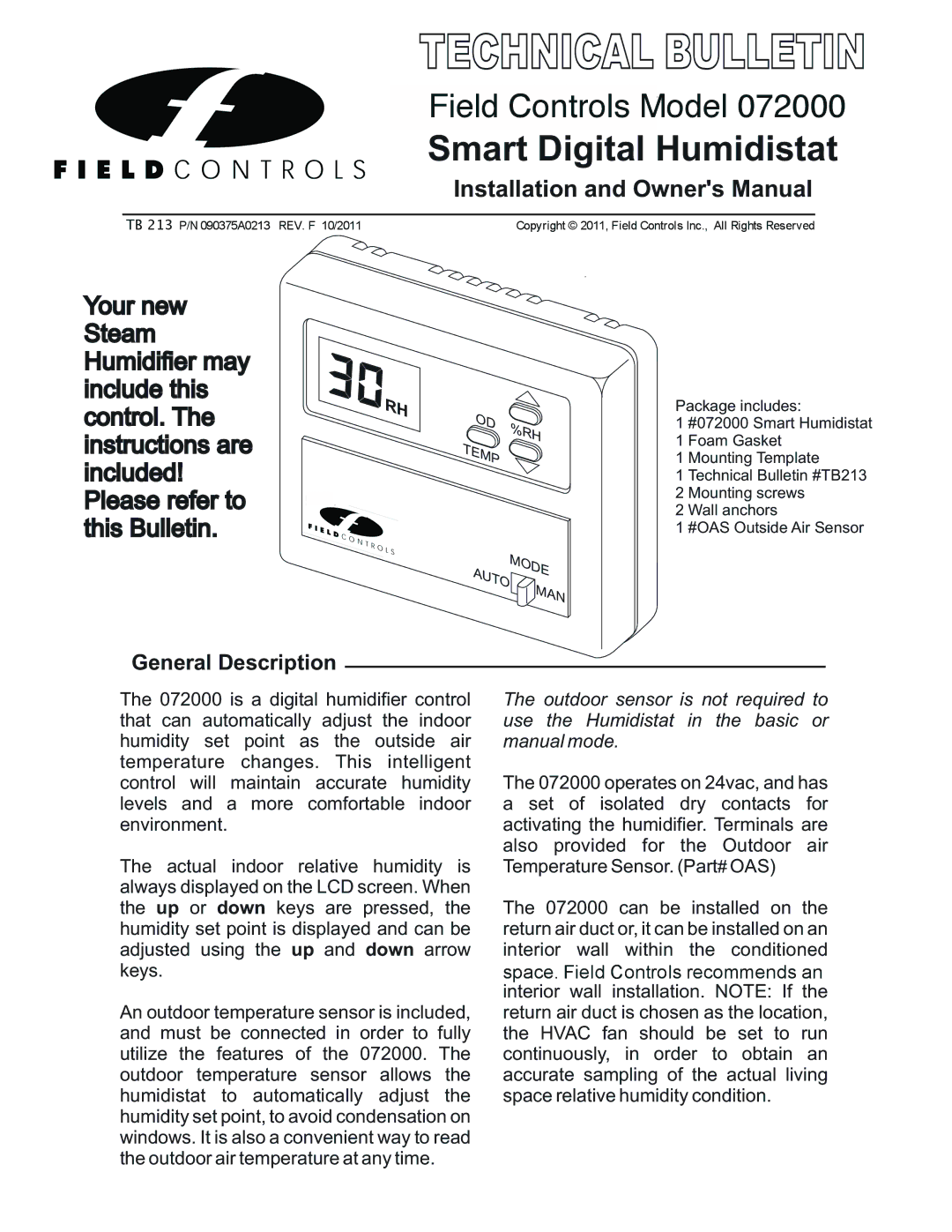 Field Controls S2000 installation instructions Technical Bulletin 