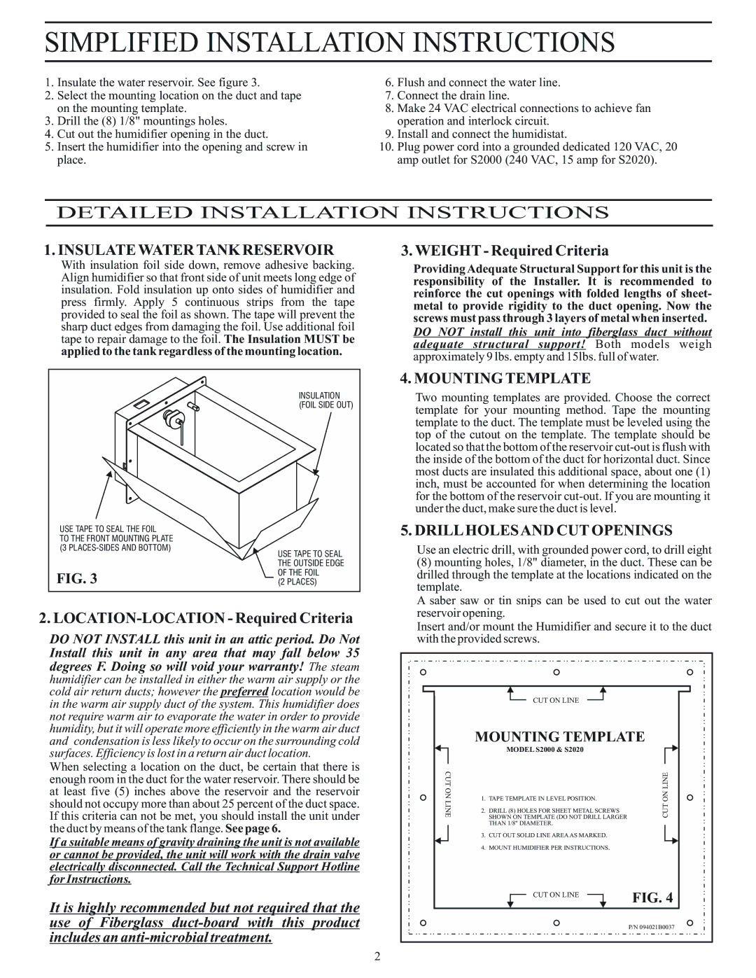 Field Controls S2000 installation instructions Insulate Water Tank Reservoir, Mounting Template, Drillholesand CUT Openings 