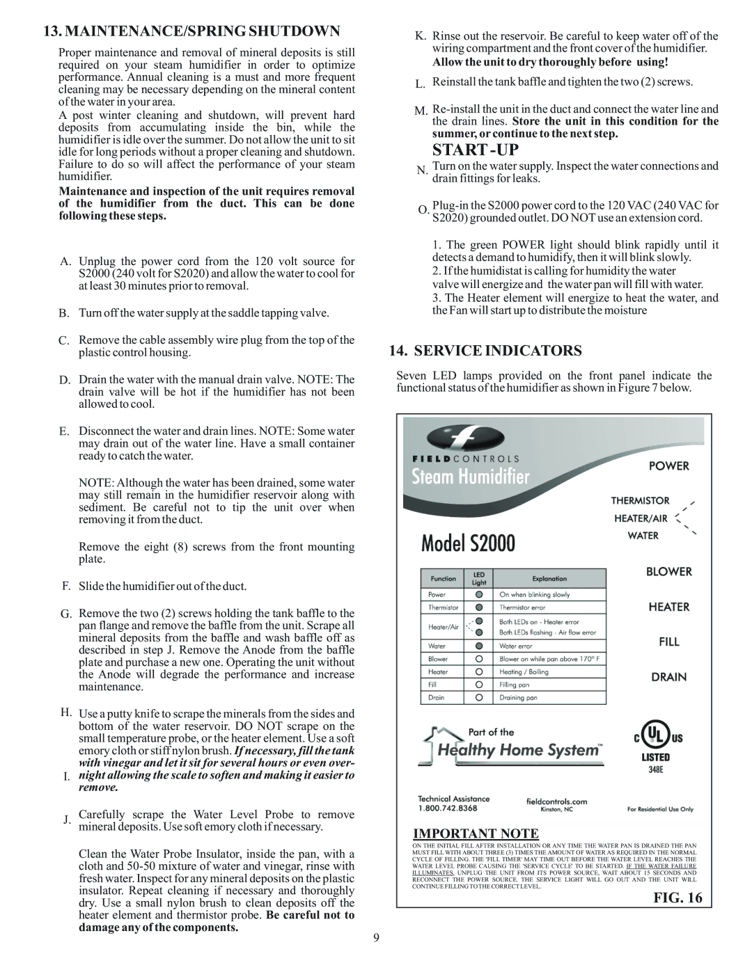 Field Controls S2000 MAINTENANCE/SPRING Shutdown, Service Indicators, Allow the unit to dry thoroughly before using 