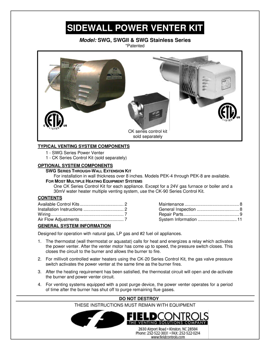 Field Controls SWG installation instructions Typical Venting System Components, Optional System Components, Contents 