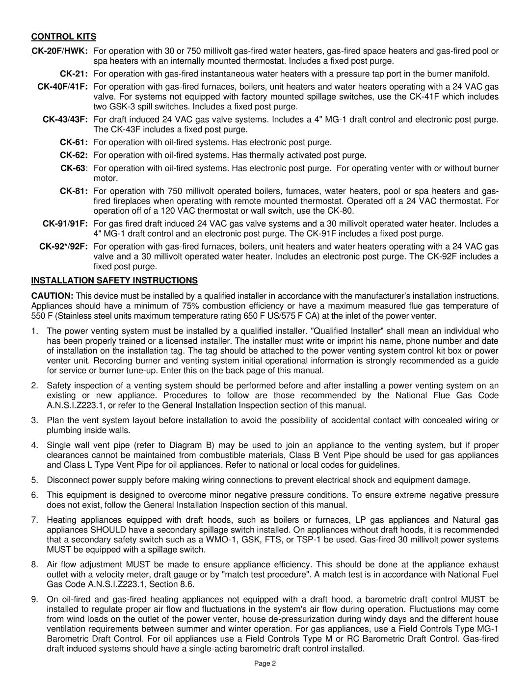 Field Controls SWGII, SWG Stainless installation instructions Control Kits, Installation Safety Instructions 