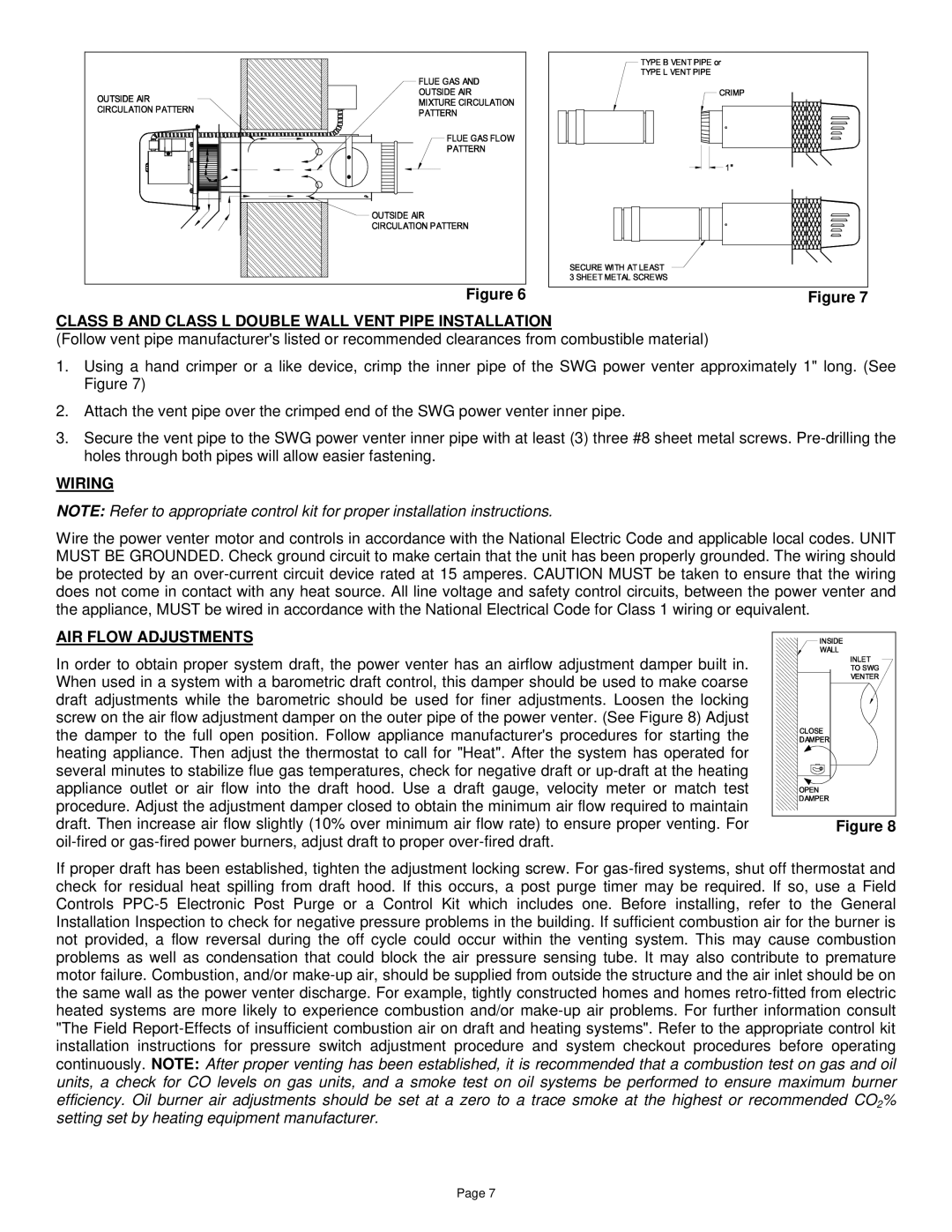 Field Controls SWG Stainless Class B and Class L Double Wall Vent Pipe Installation, Wiring, AIR Flow Adjustments 