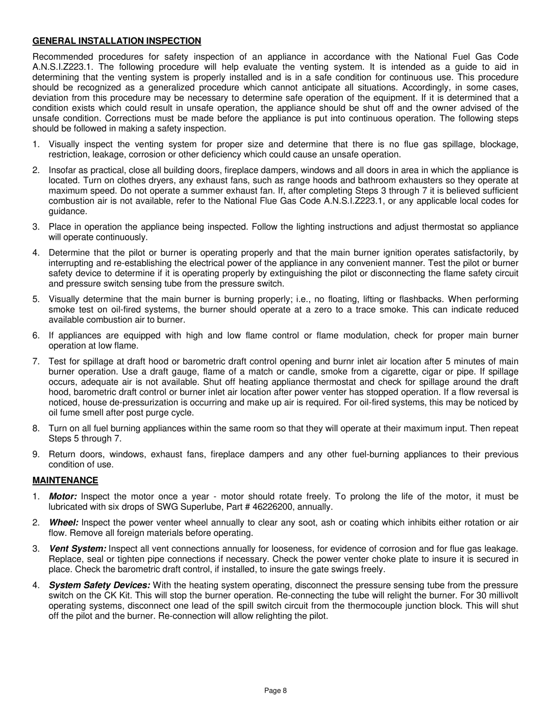 Field Controls SWGII, SWG Stainless installation instructions General Installation Inspection, Maintenance 