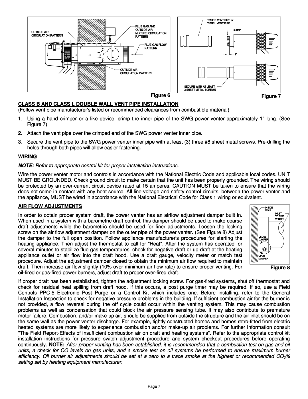 Field Controls SWG Stainless, SWGII installation instructions Wiring, Air Flow Adjustments 