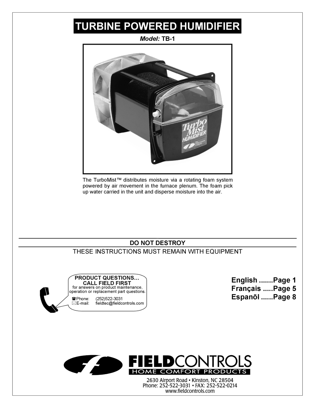 Field Controls manual Turbine Powered Humidifier, Model TB-1 