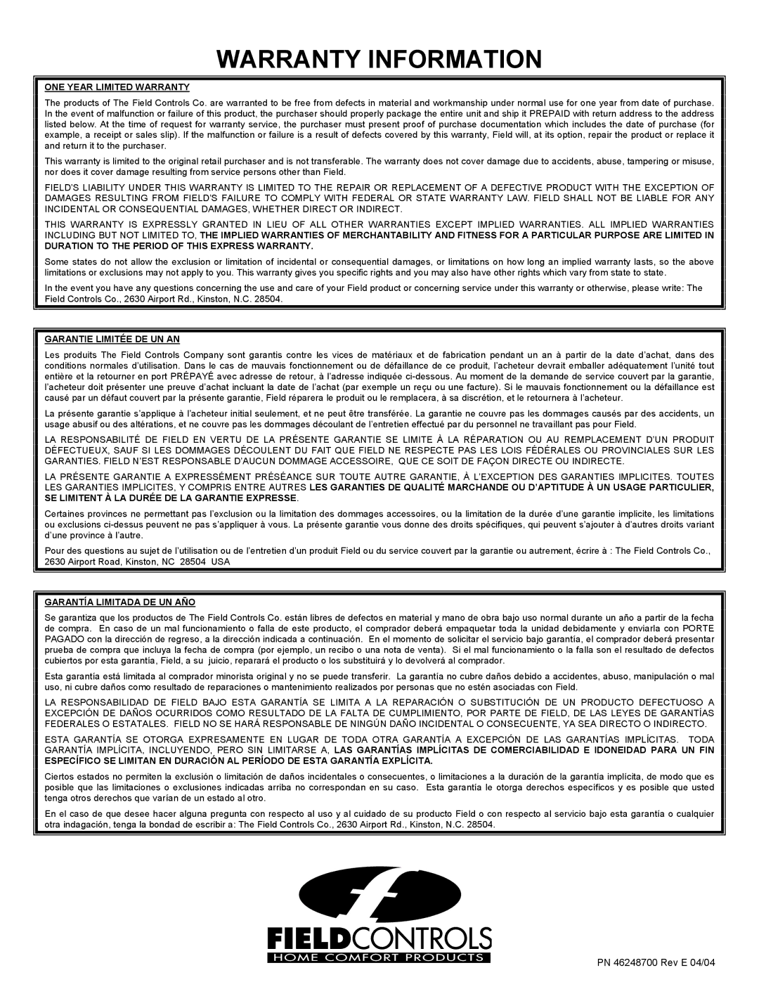 Field Controls TB-1 manual Warranty Information 