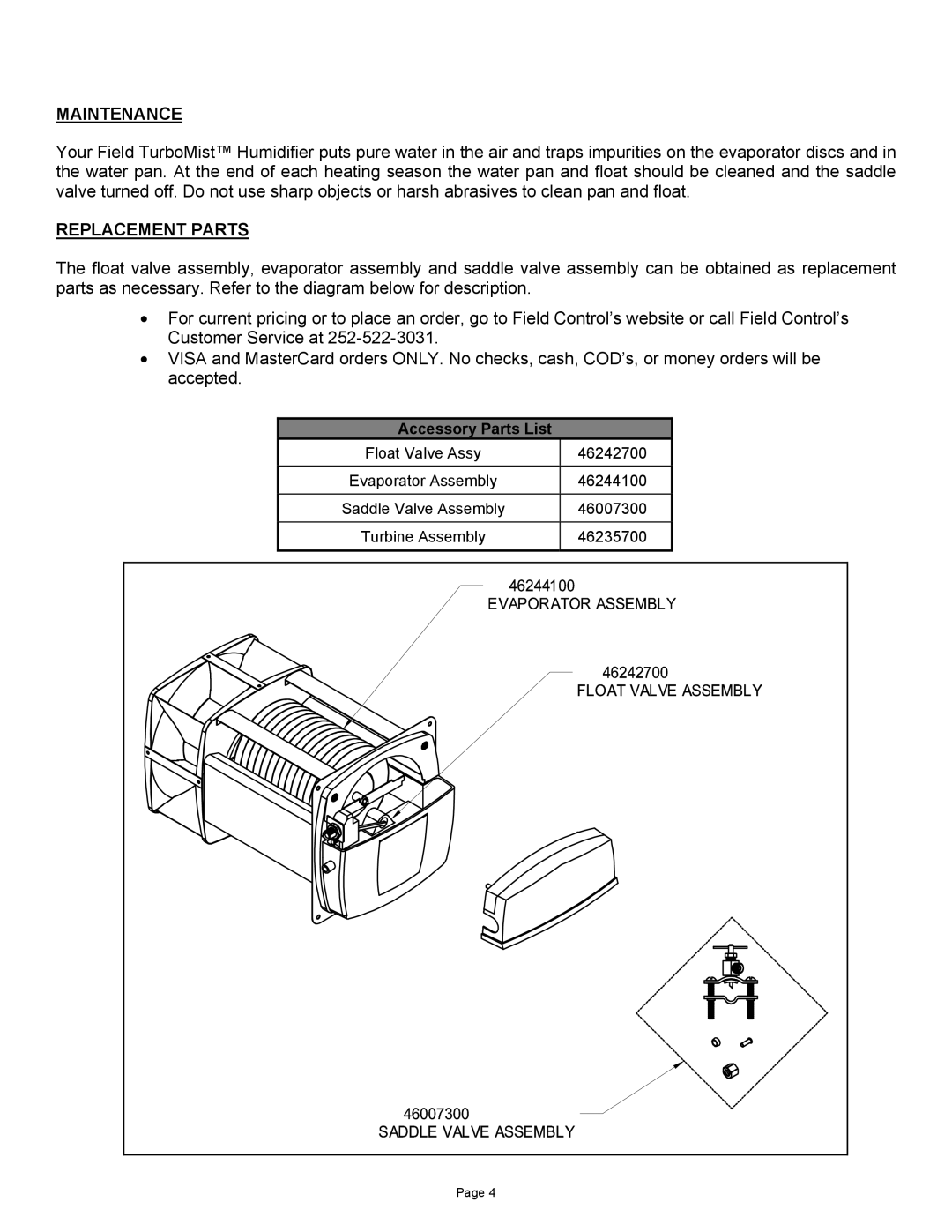 Field Controls TB-1 manual Maintenance, Replacement Parts 