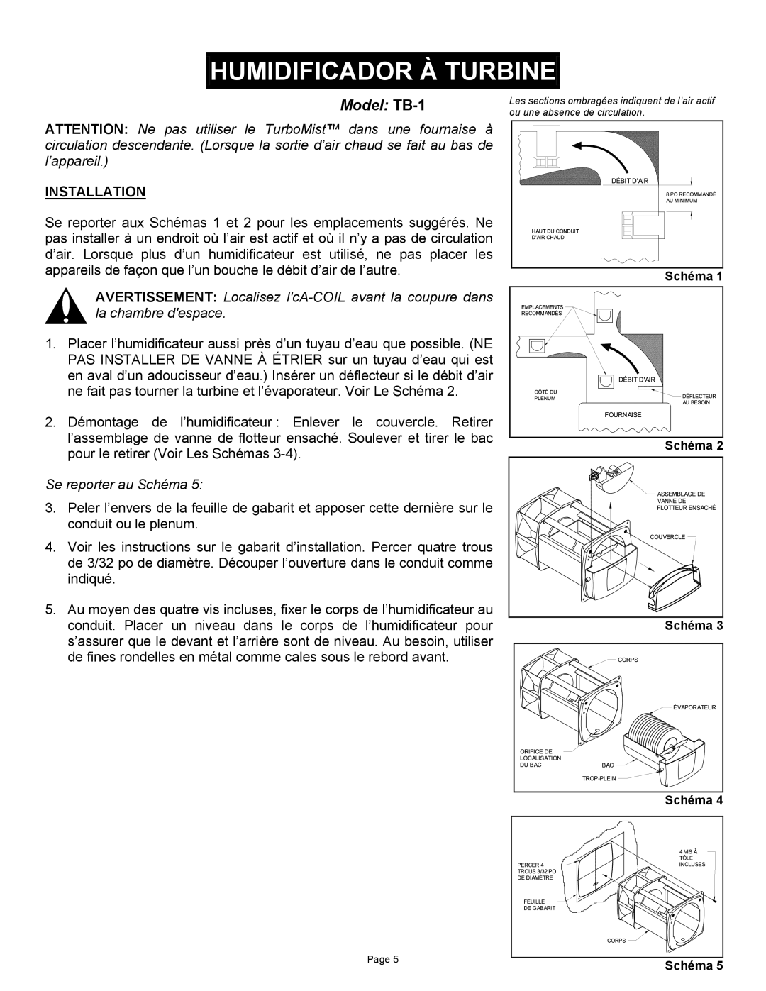 Field Controls TB-1 manual Humidificador À Turbine, Se reporter au Schéma 