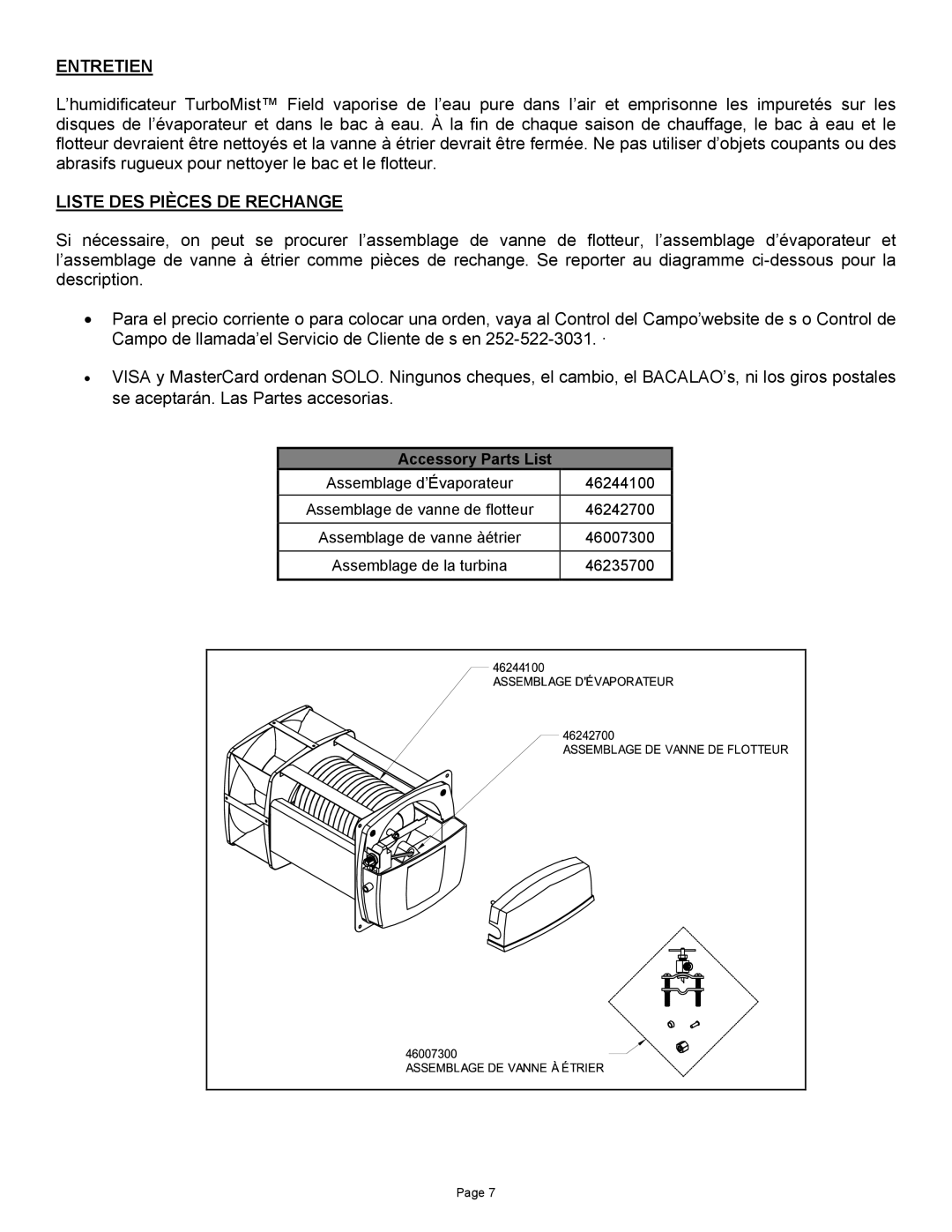 Field Controls TB-1 manual Entretien, Liste DES Pièces DE Rechange 