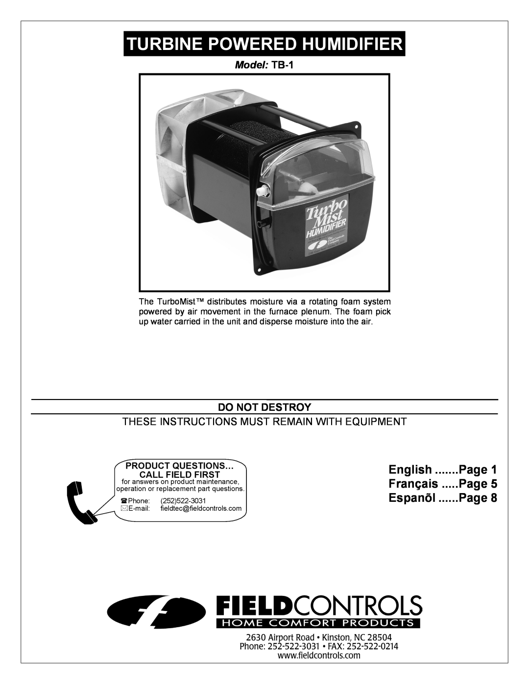 Field Controls manual Turbine Powered Humidifier, Model TB-1, These Instructions Must Remain With Equipment, English 