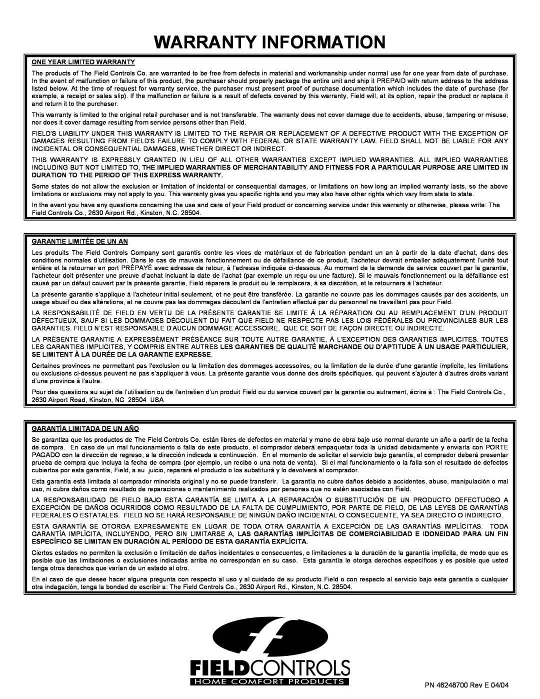 Field Controls TB-1 manual Warranty Information, Page PN 46248700 Rev E 04/04, One Year Limited Warranty 