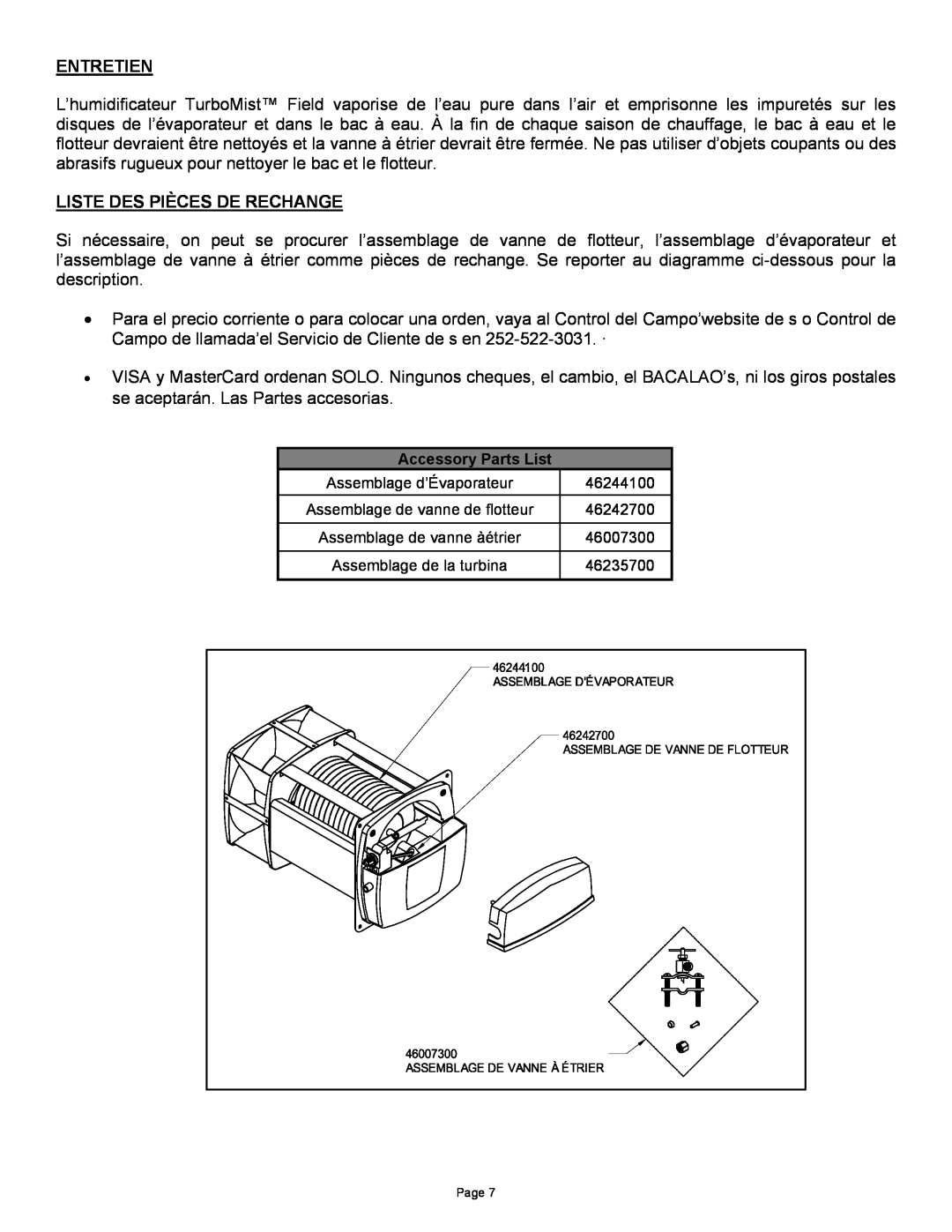 Field Controls TB-1 manual Entretien, Liste Des Pièces De Rechange 