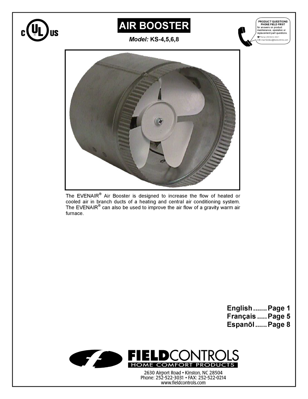 Field Controls TB26TB manual AIR Booster, Model KS-4,5,6,8 