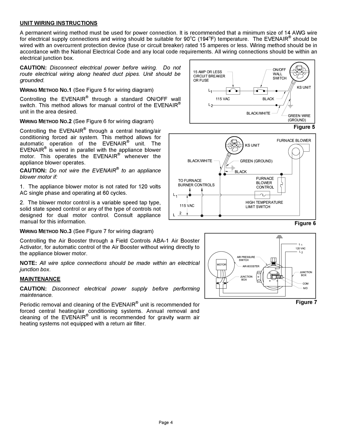 Field Controls TB26TB manual Unit Wiring Instructions, Maintenance 