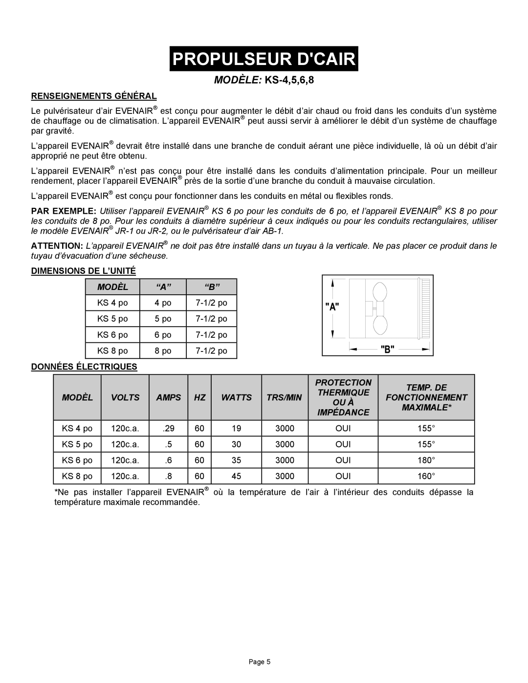 Field Controls TB26TB manual Propulseur Dcair, Modèle KS-4,5,6,8, Renseignements Général, Dimensions DE L’UNITÉ 