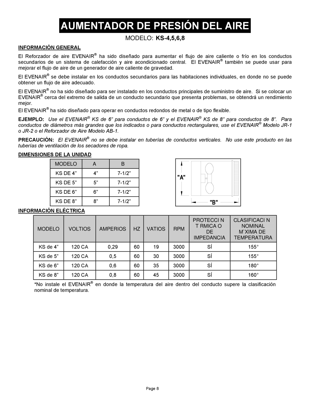 Field Controls TB26TB Aumentador DE Presión DEL Aire, Modelo KS-4,5,6,8, Información General, Dimensiones DE LA Unidad 