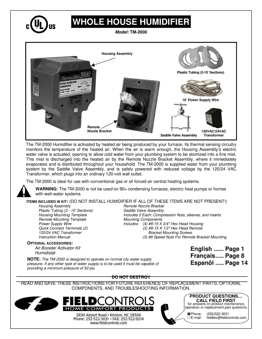 Field Controls instruction manual Model TM-2000, Do not Destroy 