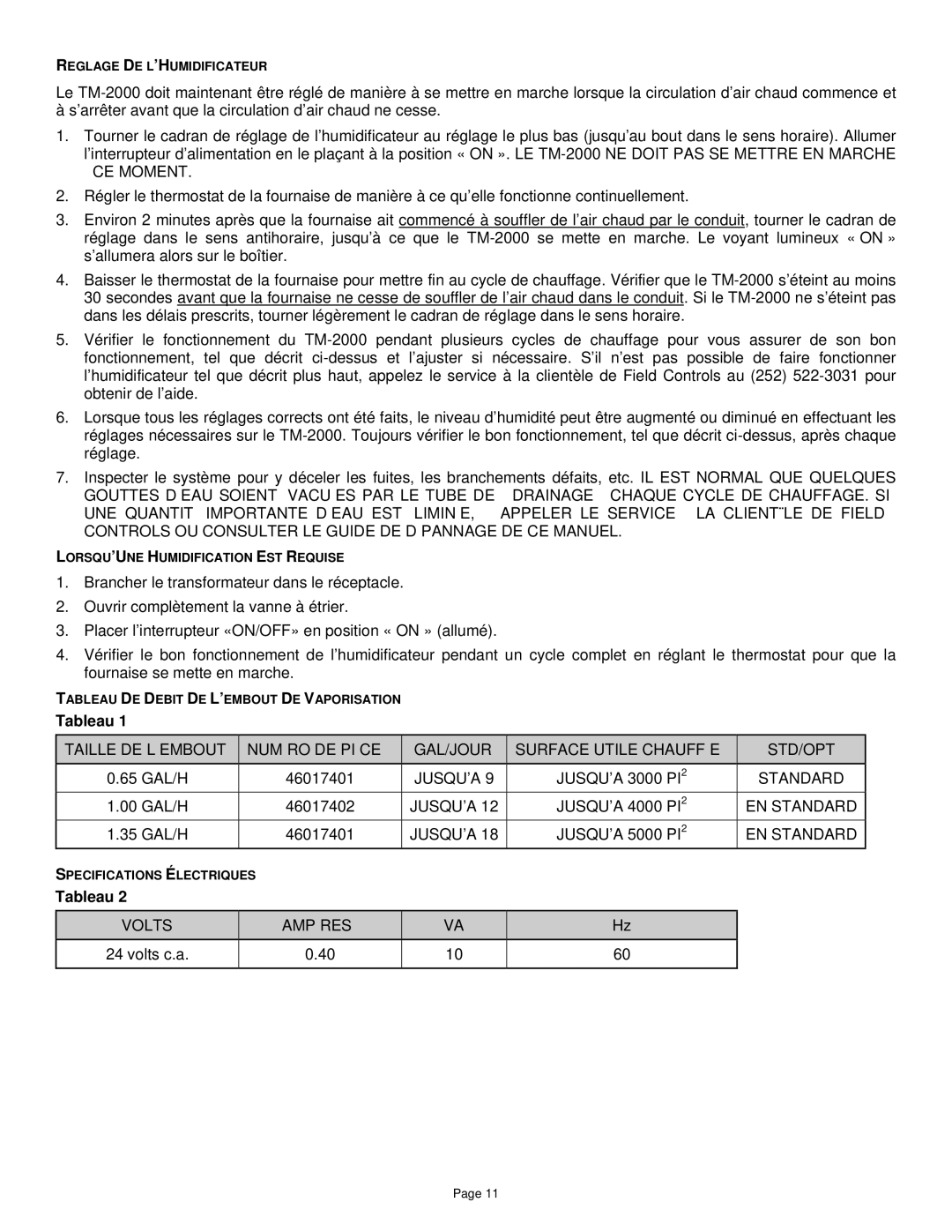 Field Controls TM-2000 instruction manual Volts Ampéres 