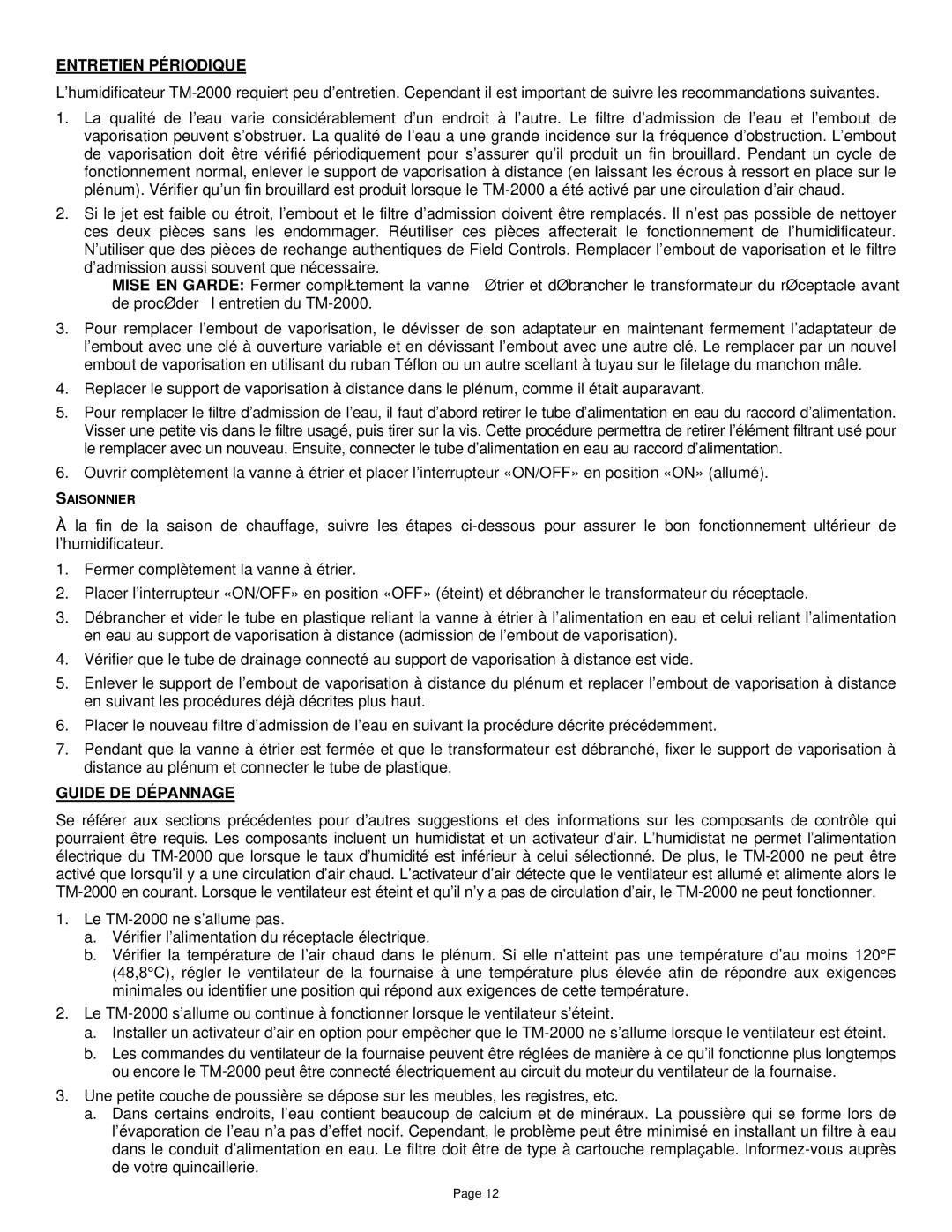 Field Controls TM-2000 instruction manual Entretien Périodique, Guide DE Dépannage 