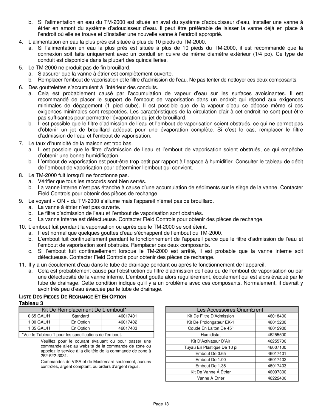 Field Controls TM-2000 instruction manual Kit De Remplacement De L’embout, Les Accessoires énumèrent 