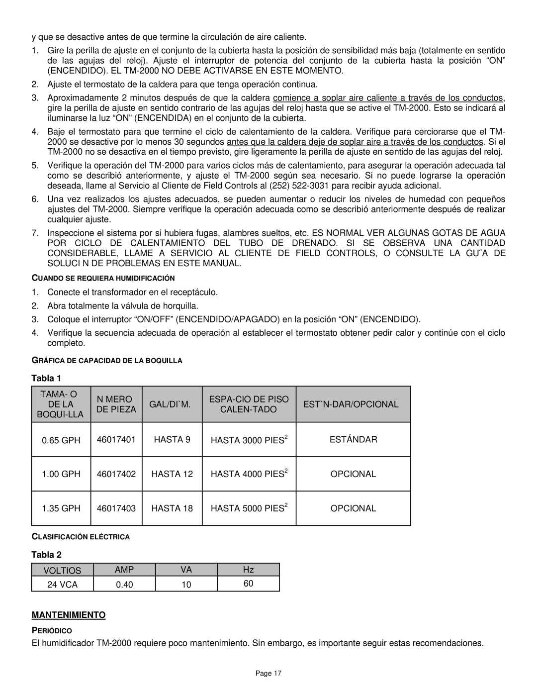 Field Controls instruction manual ENCENDIDO. EL TM-2000 no Debe Activarse EN Este Momento, Mantenimiento 