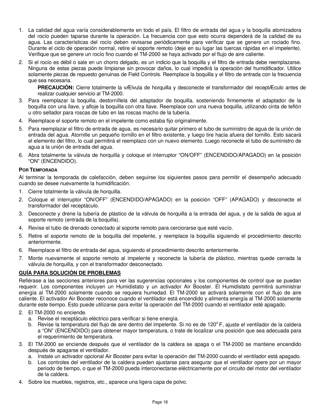 Field Controls TM-2000 instruction manual Guía Para Solución DE Problemas 