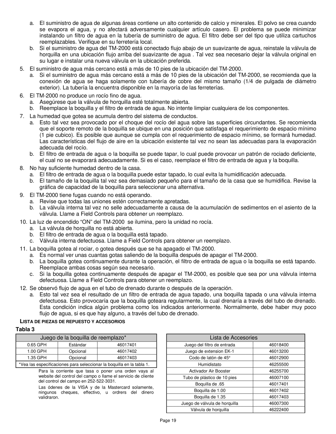 Field Controls TM-2000 instruction manual Juego de la boquilla de reemplazo, Lista de Accesories 