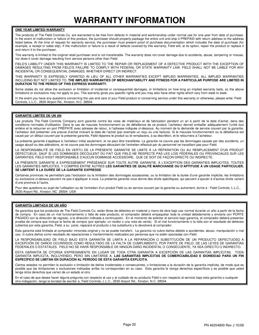 Field Controls TM-2000 instruction manual Warranty Information 