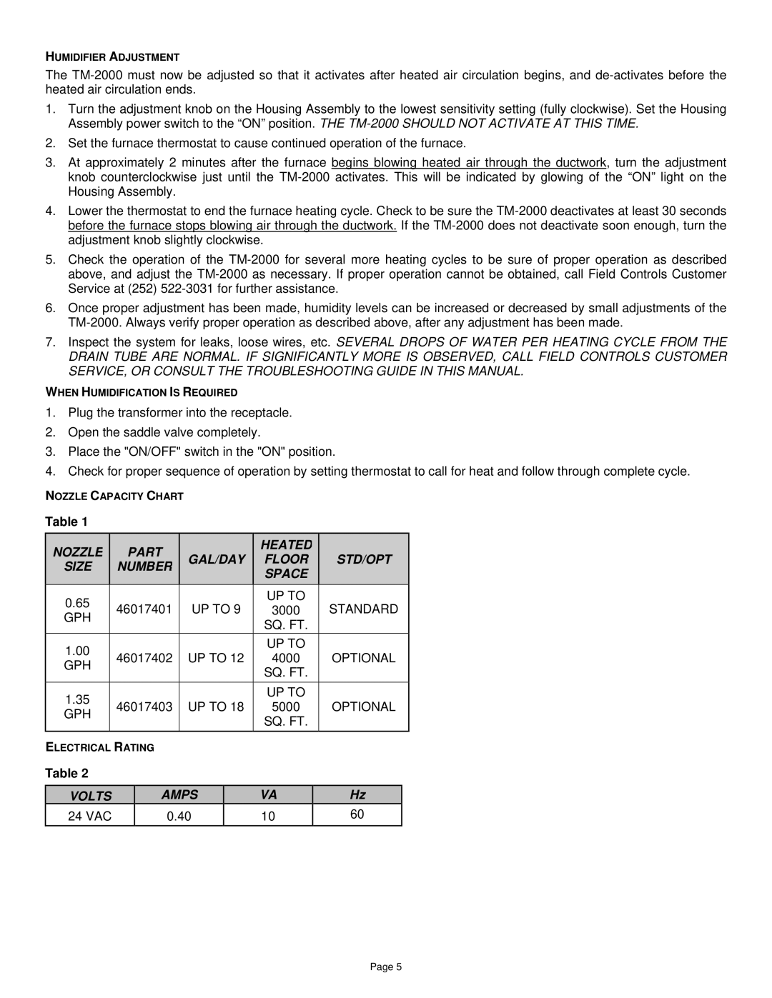 Field Controls TM-2000 instruction manual Nozzle Size Part Number Heated GAL/DAY Floor Space STD/OPT 