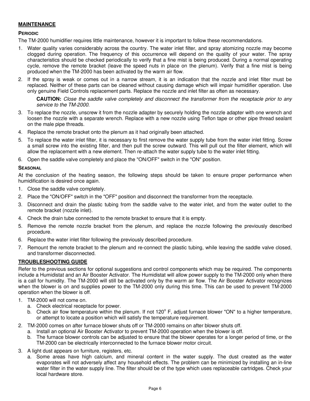 Field Controls TM-2000 instruction manual Maintenance, Troubleshooting Guide 