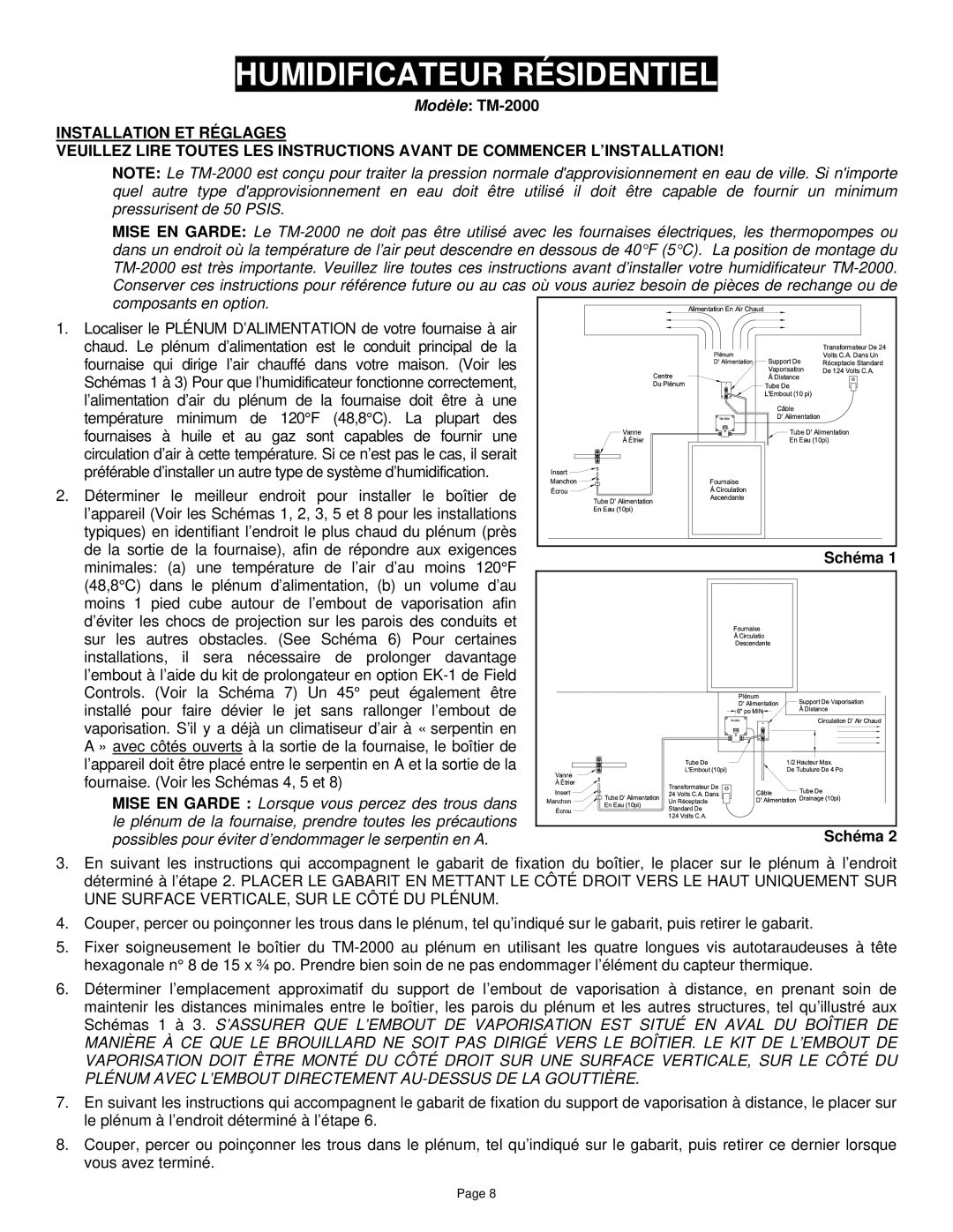 Field Controls TM-2000 instruction manual Humidificateur Résidentiel 