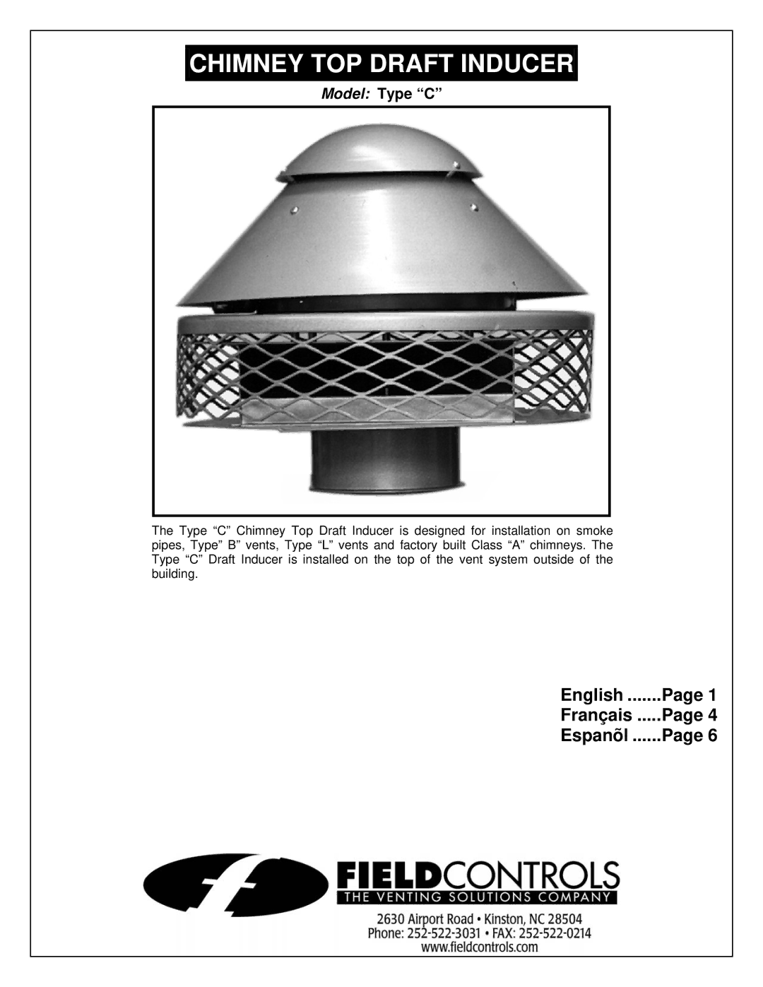 Field Controls TYPE C manual Chimney TOP Draft Inducer, Model Type C 