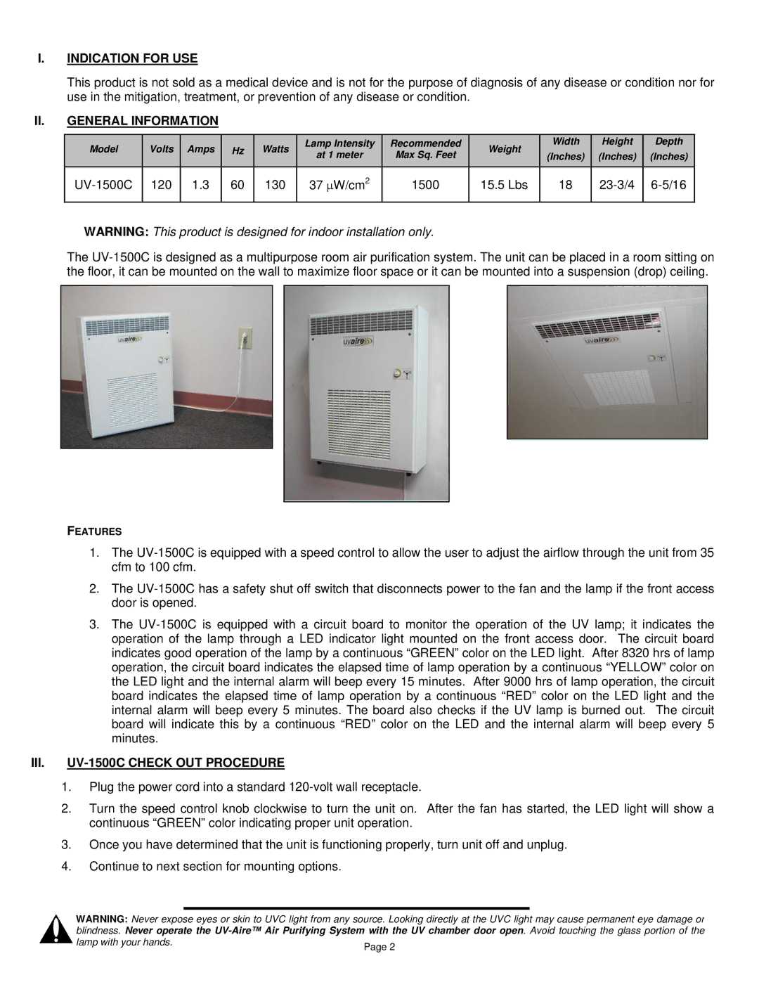 Field Controls installation instructions Indication for USE, II. General Information, III. UV-1500C Check OUT Procedure 