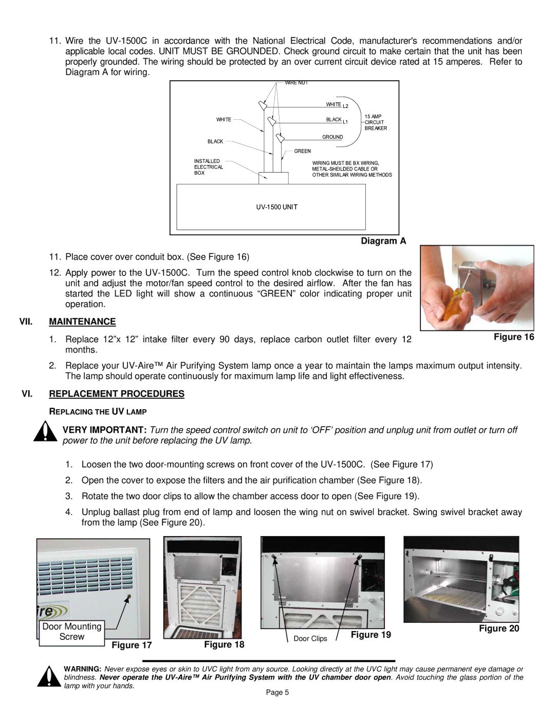 Field Controls UV-1500C installation instructions Diagram a, VII. Maintenance, VI. Replacement Procedures 