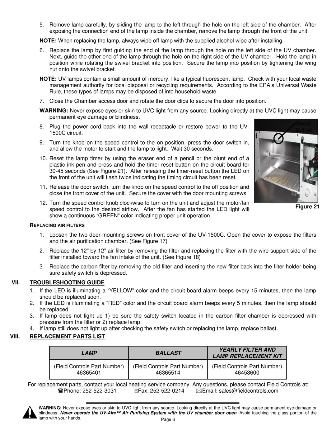 Field Controls UV-1500C installation instructions VII. Troubleshooting Guide, VIII. Replacement Parts List 