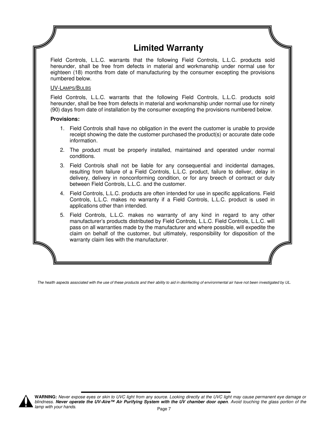 Field Controls UV-1500C installation instructions Limited Warranty, Provisions 