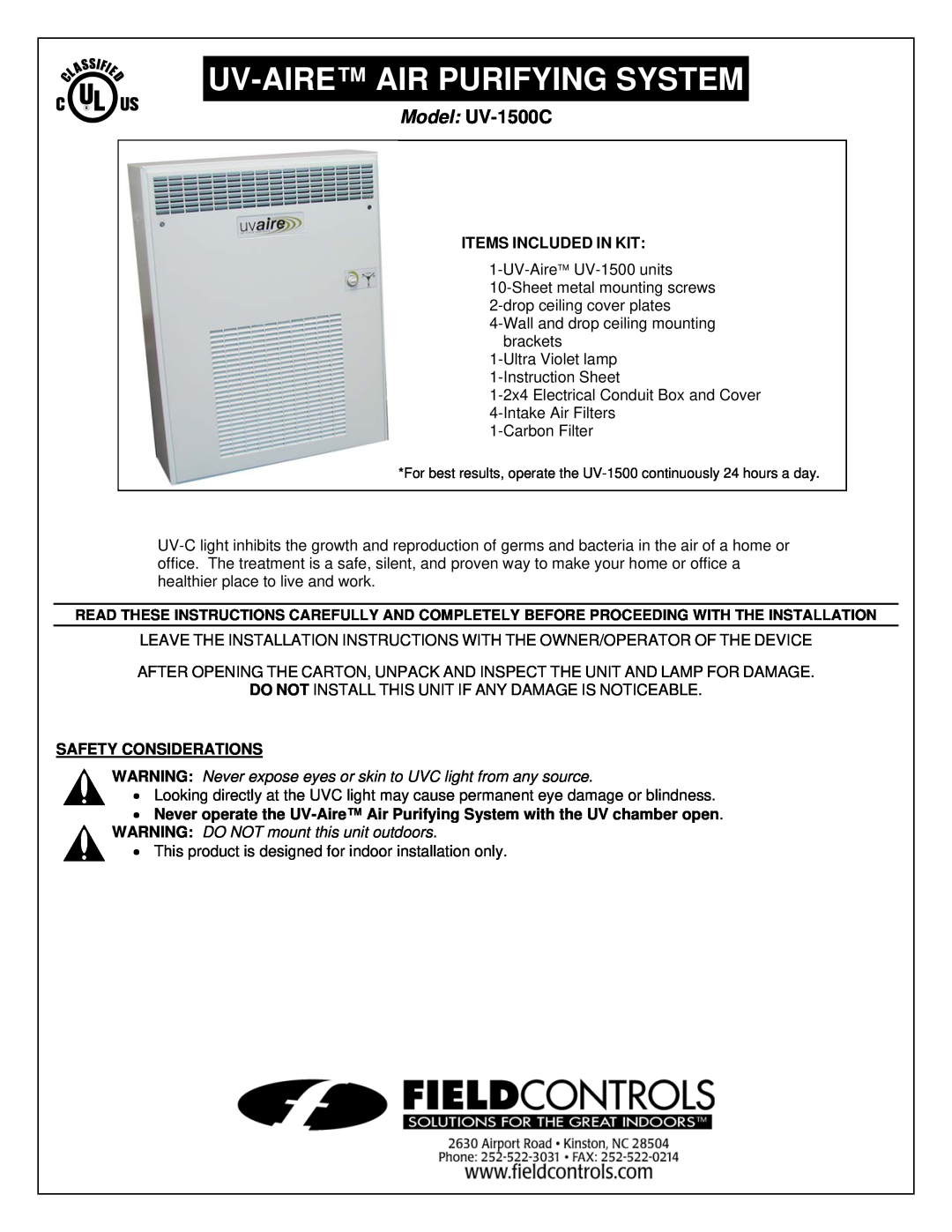 Field Controls installation instructions Items Included In Kit, Safety Considerations, Model UV-1500C 