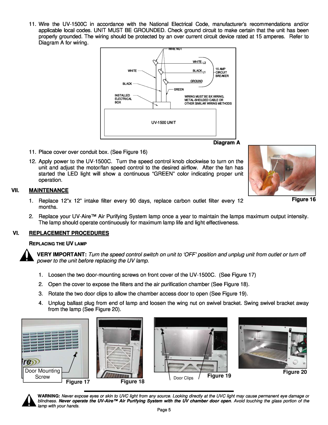 Field Controls UV-1500C installation instructions Diagram A, Vii. Maintenance, months, Vi. Replacement Procedures 