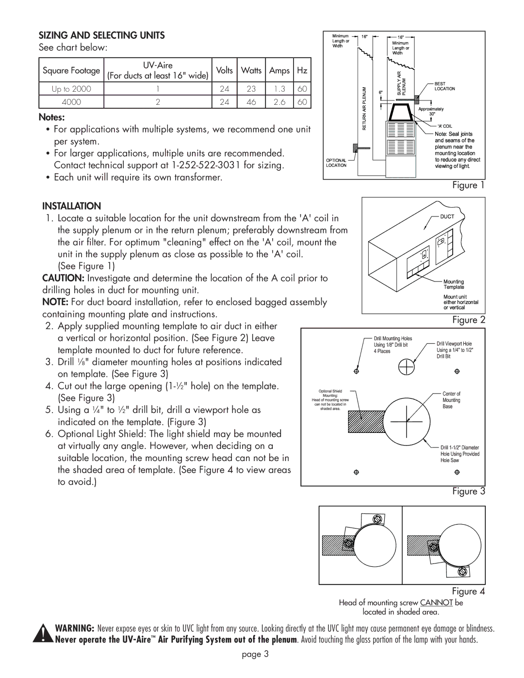 Field Controls UV-16/24 installation instructions Sizing and Selecting Units, Installation 