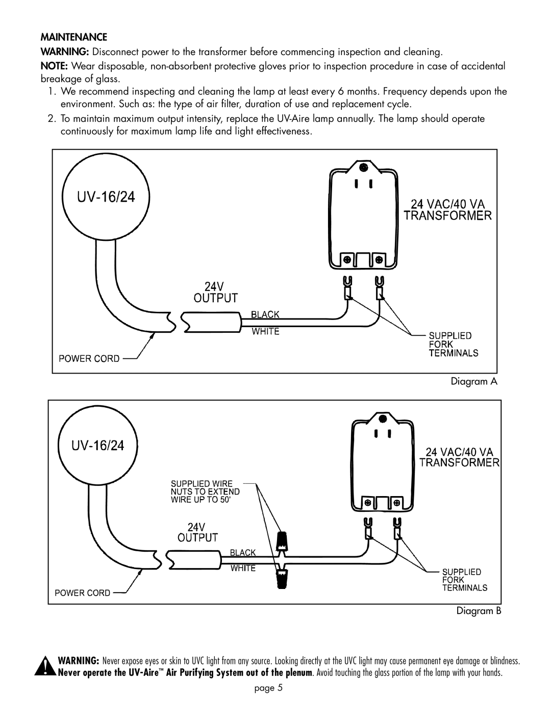 Field Controls UV-16/24 installation instructions Maintenance 