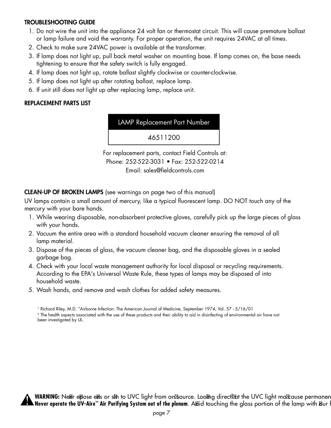 Field Controls UV-16/24 installation instructions Troubleshooting Guide, Replacement Parts List 