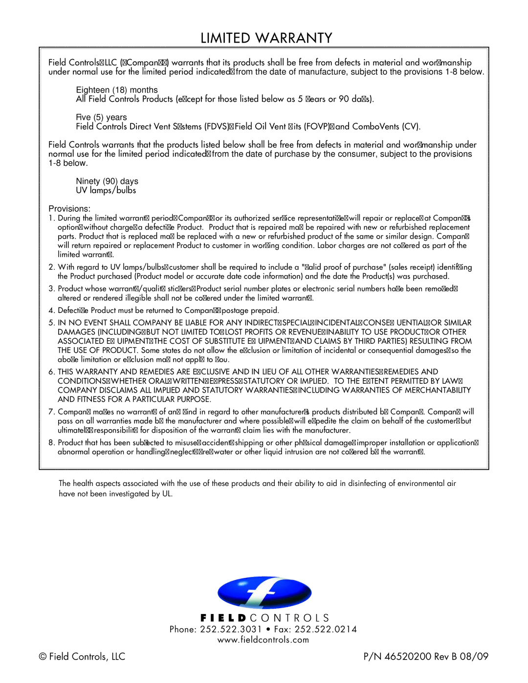 Field Controls UV-16/24 installation instructions Limited Warranty 