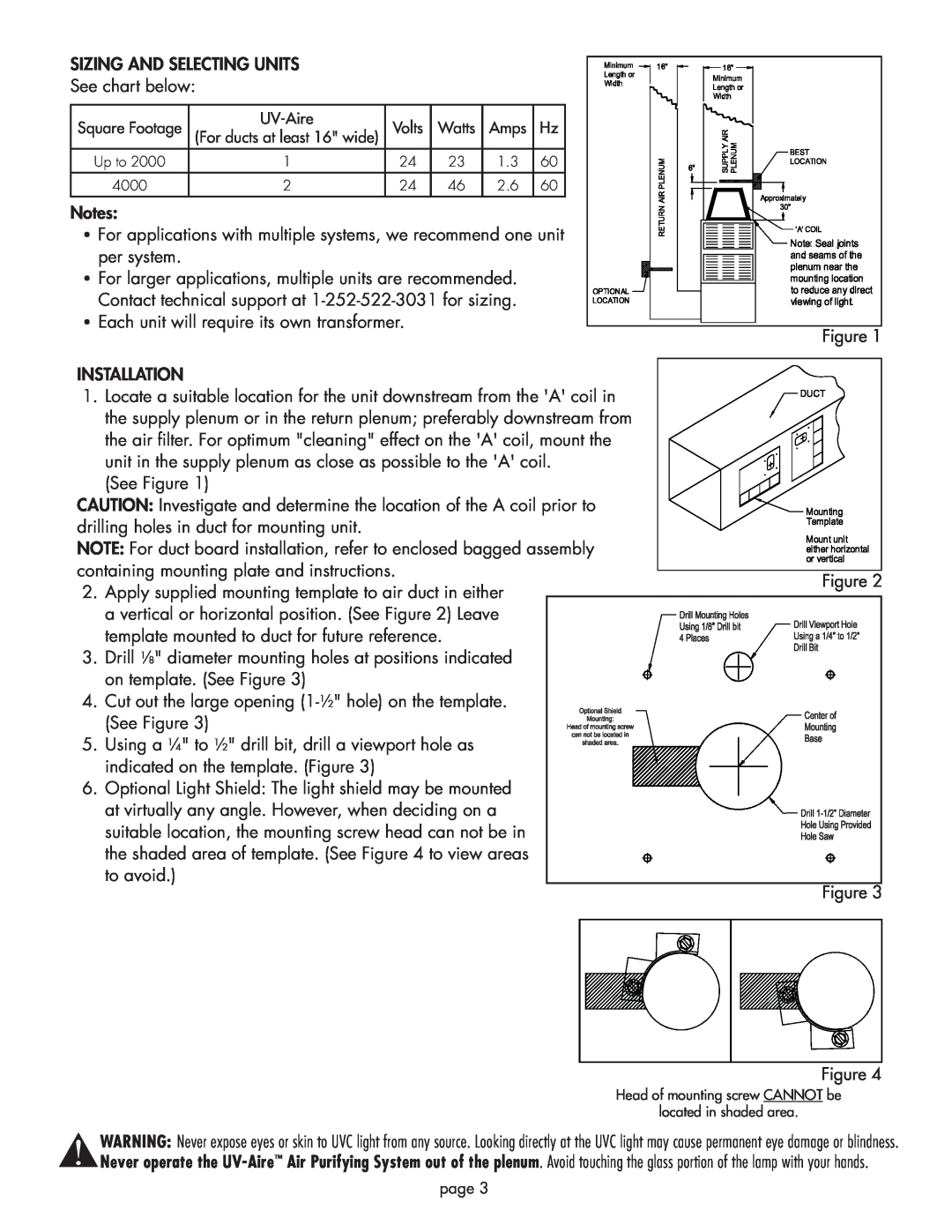 Field Controls UV-16/24 installation instructions SIZING AND SELECTING UNITS See chart below 