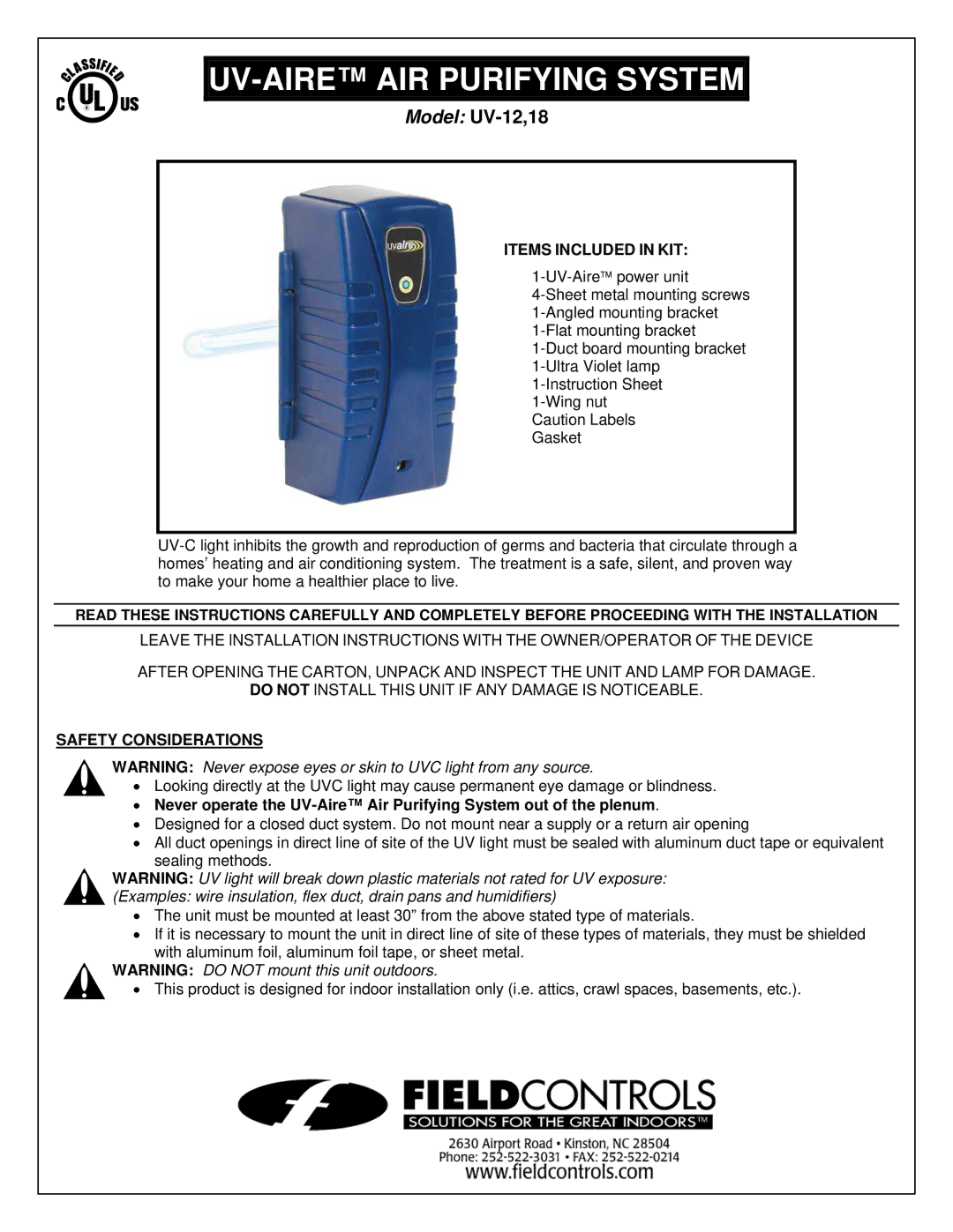 Field Controls UV-12, UV-18 installation instructions Items Included in KIT, Safety Considerations 