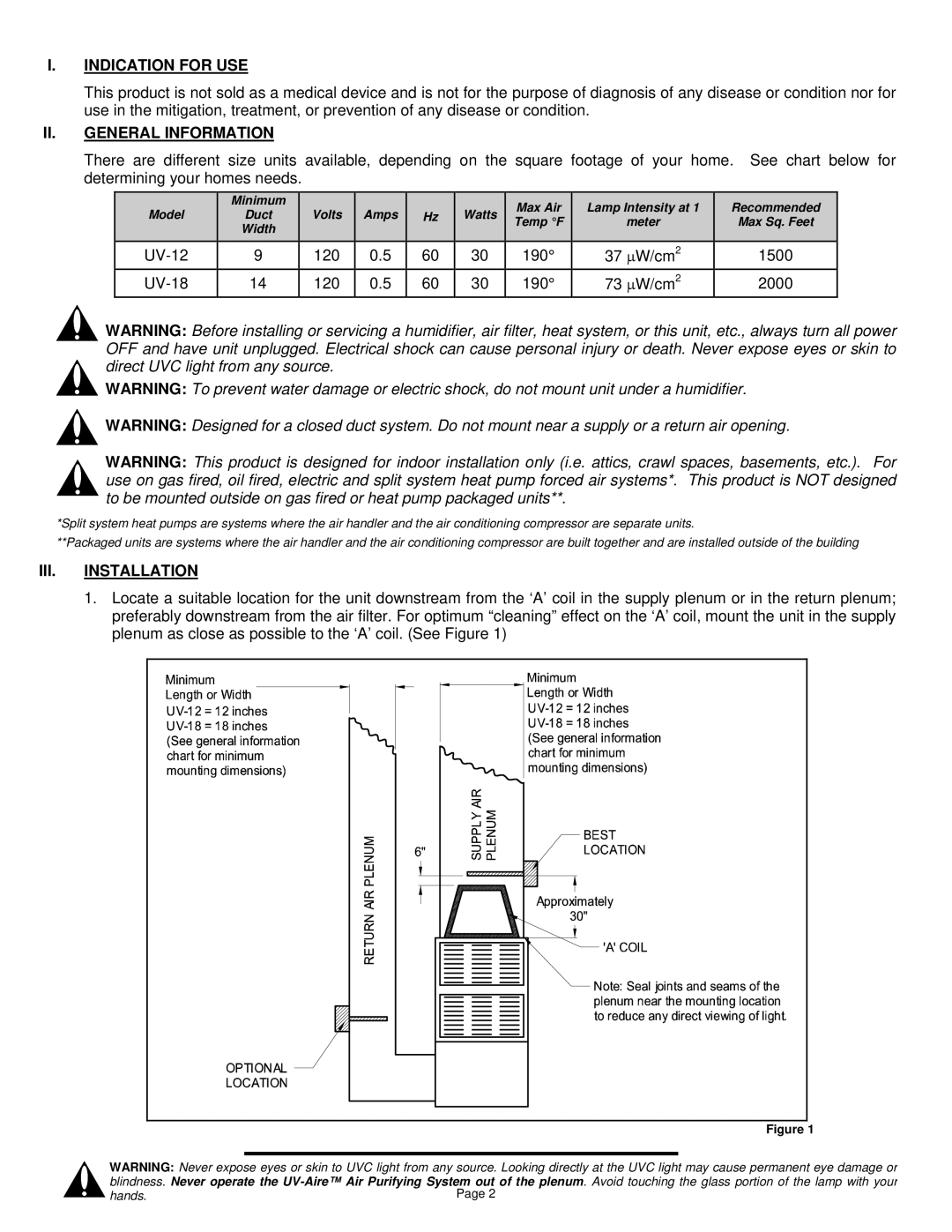 Field Controls UV-18, UV-12 installation instructions Indication for USE, II. General Information, III. Installation 