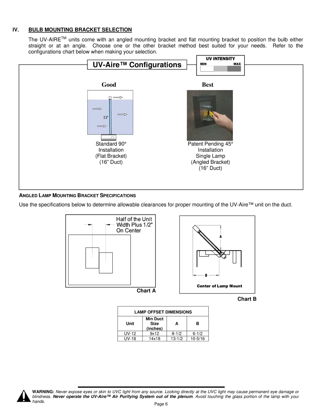 Field Controls UV-18, UV-12 installation instructions UV-Aire Configurations, IV. Bulb Mounting Bracket Selection 