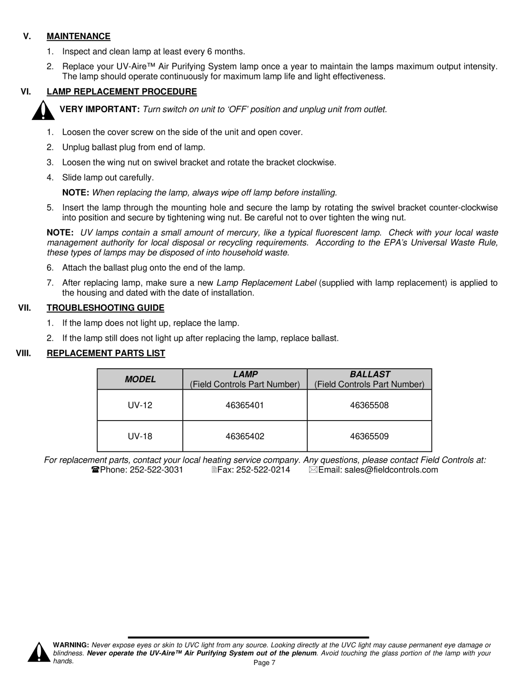 Field Controls UV-12 Maintenance, VI. Lamp Replacement Procedure, VII. Troubleshooting Guide, VIII. Replacement Parts List 