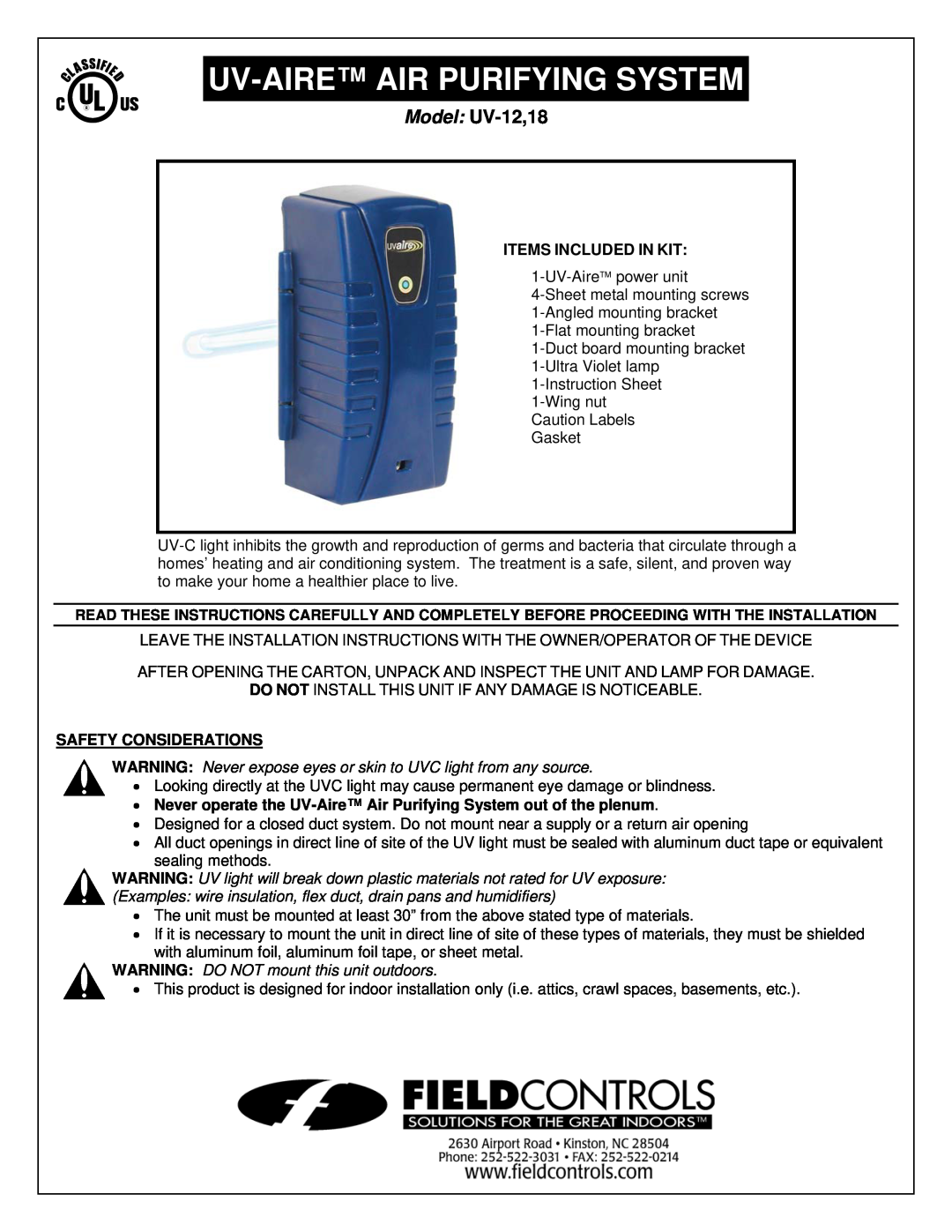 Field Controls UV-12 installation instructions Items Included In Kit, Safety Considerations, Uv-Aireair Purifying System 