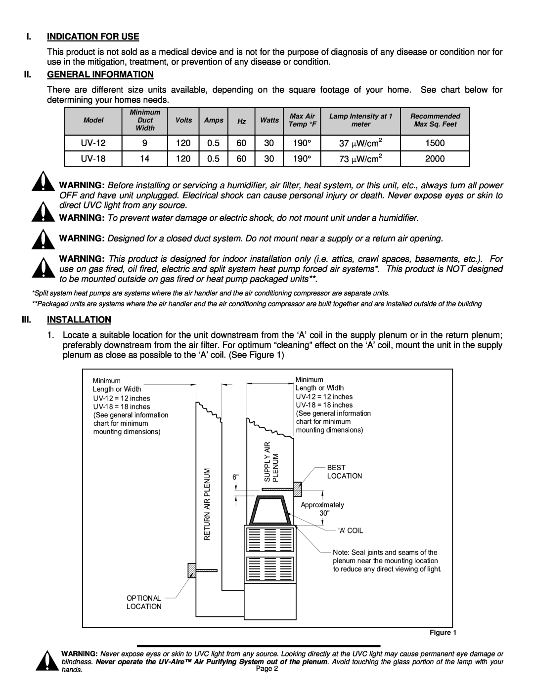 Field Controls UV-18, UV-12 installation instructions I.Indication For Use, Ii.General Information, Iii.Installation 